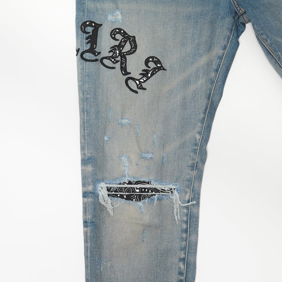 Amiri Old English Ripped Skinny Bandana Patch Jean